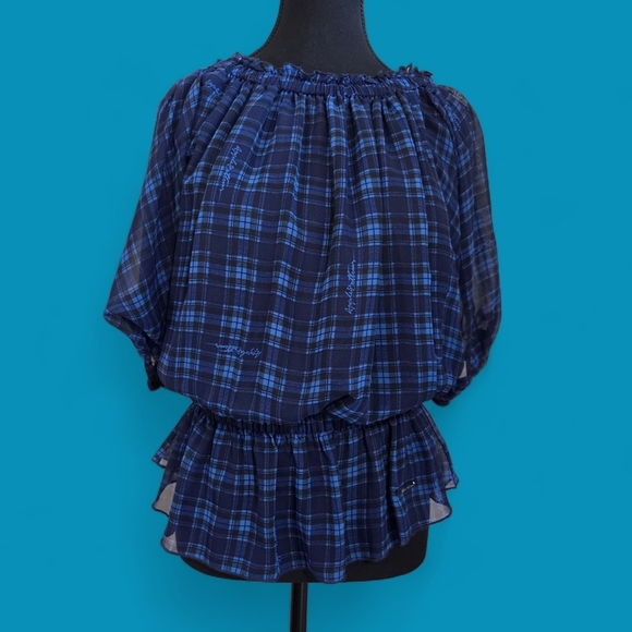 Apple Bottoms Navy Plaid Off-Shoulder Blouse Size L - Picture 3 of 7